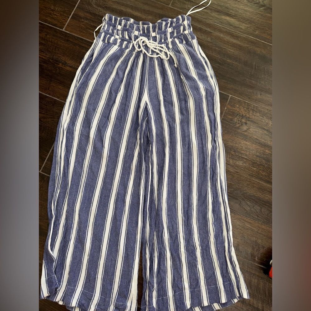 Free People Navy and White Striped Linen blend smocked & Drawstring Waist Pants